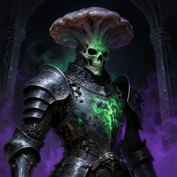 a close - up view portrait of a silhouetted supernatural fungal growth knights armor, dark knight in brutalist halls with metallic alien technology. close - up view, detailed textures. glowing green purple fog, dark black background. poison skull face, highly detailed fantasy science fiction painting by moebius, norman rockwell, frank frazetta, and syd mead. rich colors, high contrast, hyperrealistic, ultra detailed, advertisement still