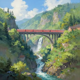 A beautiful digital painting of train bridge, waterfall, lovely valley by Stanley Artgerm Lau, frank frazetta, Rossdraws, James Jean, gerald brom, Andrei Riabovitchev, Marc Simonetti, and Sakimichan, trending on artstation