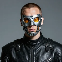 young eminem wearing a futuristic mechanical mask with amber eye reflective lenses, and black leather body armor.