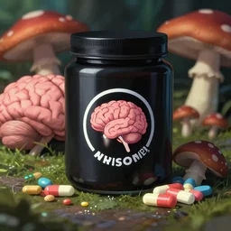 awesome logo on black jar of a brain and mushroom and pills with dark techno. synthwave colours, in the style of spirited away, hyperrealism, art by satoshi kon, lush detail, award winning, trending on artstation