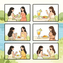 simple illustration storyboard of girls weekend on a lake, mimosas