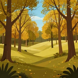 autumnal british woodland scene, undulating terrain, variety of trees, blue sky visible through the canopy, vector graphics digital art