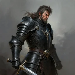 hyper - realistic side view painting of the king of the mountain, angry, black armor, sword, dramatic lighting, intricate, wild, highly detailed, digital painting, artstation, concept art, smooth, sharp focus, illustration