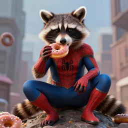 spider - man sit on big raccoon, eating donuts, action scene, concept art, trending on artstation, highly detailed, intricate, sharp focus, digital art, 8 k