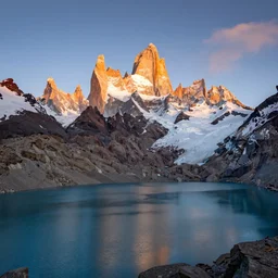 beautiful landscape with lakes and glaciers high in the mountains during golden hour, high detail, ultra realistic,