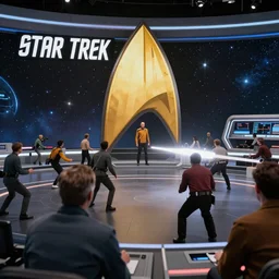 star trek space battle scene, in the style of a live news report gritty, 4 k, cinematic lighting,