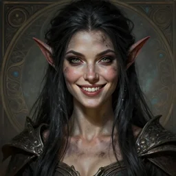 female darkelf bard, beautiful detailed eyes and a bright smile, dirty, fantasy, intricate, rough, highly detailed, digital painting, 4k, HDR, concept art, smooth, sharp focus, upper body shot, illustration, art by Artgerm, H R Giger and Alphonse Mucha