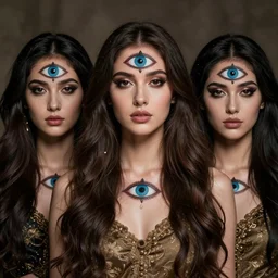 three eyed goddesses, third eye middle of forehead, wide wide shot, very hairy bodies, beautiful colors, eye in forehead, beautiful lighting, detailed photographs