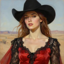 a stunning closeup portrait painting of goddess thandie newton, contemplative, hybrid oil painting, high fashion, red satin western dress, black lace clothing, western dress, scenic desert background, art by jeremy pitkin, alphonse mucha, greg rutkowski, tim hildebrandt, boris vallejo, artgerm