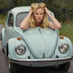 beautiful charlize theron with long blonde hair locks holds over its head on its two hands old volkswagen beetle, oil on canvas, naturalism