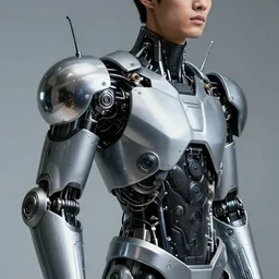Close upper body shot. Artistically angled subject.  Professional studio portrait lighting. Technological male fashion photography. Mechanical cybernetic suit designed by Ikeuchi Hiroto. Wearable design. Hydraulics. Reflective domes. Intricate tech. Formfitting. Bulky wearables. Receiver Antennae.
