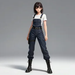 full body pose, hd, manga anime portrait of a beautiful woman in combat boots and overalls, in alex ross style detailed trending award winning on flickr artstation,