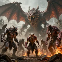 taunting arbormage, zombie ogre, pitchburn devils, giant lumbering cave dragon, by antoine wiertz and noah bradley, visually stunning, cinematic, ultra realistic, hyper realism, 1 2 k, epic, octane render, unreal engine, vfx, maya