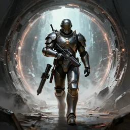 armor - plated soldier carrying a plasma rifle, walking through a portal to another dimension, art by emmanuel shiu