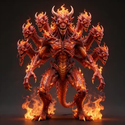 a highly detailed scary full body demon with multiple heads, limbs by alex gray, android jones, karol bak, ayami kojima, artgerm, concept art, pattern, dragon skin, hell fire, fire amber, glowing eyes, smirking angry expression, 3 d, octane render, 8 k, unreal engine