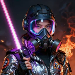 detailed portrait neon female swat officer, cyberpunk futuristic, neon, gas mask, lightsaber, reflective puffy coat, decorated with traditional japanese by ismail inceoglu dragan bibin hans thoma greg rutkowski alexandros pyromallis nekro rene margitte, fire & smoke, illustrated, perfect face, fine details, realistic shaded, fine - face, pretty face