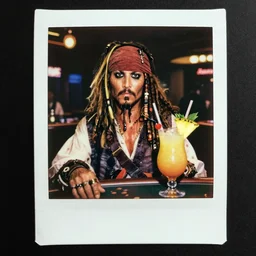 Jack Sparrow in a casino, piña colada, realistic photograph, polaroid, film