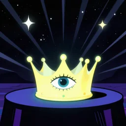 a glowing crown sitting on a table with one beautiful eye mounted on it like a jewel, night time, vast cosmos, geometric light rays, bold black lines, flat colors, minimal psychedelic edgy 2 0 0 0 s poster illustration