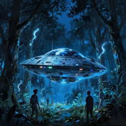 matte painting alien spaceship in clearing in forest at night. forest is lit by eerie blue glow. ufo. digital painting. beeple. noah bradley. cyril roland. will o the wisp. trending on artstation.