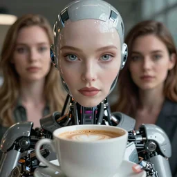 a stunning ultra detailed fantasy fine art portrait photo of a robot from ex machina movie with a large cup of coffee, by tom bagshaw, wlop and natalie shau, 3 5 mm lens, golden ratio composition, deep depth of field, perfect eyes and face, cyberpunk, soft lighting, artstation, 8 k