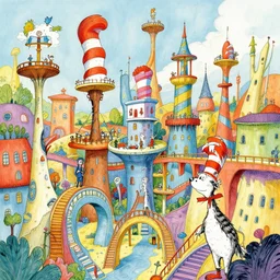 fanciful city filled with curvy buildings, colorful kids book illustration by dr seuss, platforms, towers, bridges, stairs, style of the lorax