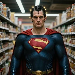 an ultra realistic, cinematic, fantasy, portrait, of an evil superman, elden ring, fairy lights, facial features, stood in a supermarket, with victorian clothing, detailed, deep focus, movie still, dramatic lighting, ray tracing, by michal karcz and yoshitaka amano