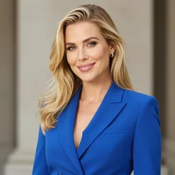 photo of a beautiful blonde woman wearing blue zentau suit smiling looking fondly at the camera