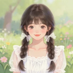a beautiful digital illustration portrait of a pretty russian girl, happy kawaii, hestia, with bangs and twintails, dark hair with bow ties, wearing a white lace dress. in a garden, artgerm, by ilya kuvshinov artgerm pastel colors