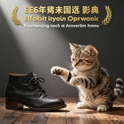 一只可爱的小猫跟一个鞋子打架