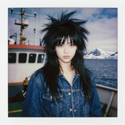 black - haired girl with wild spiky black saiyan hair with long bangs over her eyes wearing double denim, standing on an alaskan fishing vessel, 1 9 6 5, polaroid, kodachrome, grainy photograph