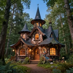 hyper realistic homely ornate modern witch cottage far away in the woods gorgeous lighting, blue sky, highly detailed, lush forest by zdzisław beksinski and norman rockwell and greg rutkowskiweta studio, and lucasfilm
