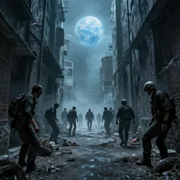 humanity decaying in a cosmic alleyway on our pale blue dot as the last humans launch the nukes