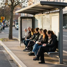 photo of people waiting at bus stop, afternoon lighting