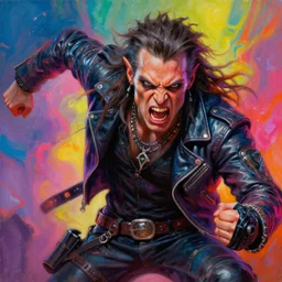cinematic portrait of an angry apocalyptic scifi orcish biker character shouting in a dynamic action pose, psychedelic vibrant colors, futuristic punk rock fashion, highly detailed oil painting by ( ( ( michael whelan ) ) ) art, perfect face, dynamic pose, sharp focus, detailed eyes, realistic, long hair, leather jacket, 8 k cover art