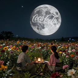 couple stargazing in a field of flowers at night but there is a big coca cola ad on the moon