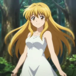 isekai beautiful grinning anime girl hestia danmachi, kamisama standing in forest. flat face. beautiful face, catchlight, aesthetic, golden ratio. beautiful lineart, ranking on contest, artstation, soft lighting, artistic pose, character concept, cinematic, motion blur, chromatic abberation. anime tv screenshot. by takashi takeuchi