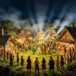 a beautiful artwork illustration, hobbits celebrating a town faire at night in the shire, volumetric fog, godrays, high contrast, high contrast, high contrast, vibrant colors, vivid colors, high saturation, by Greg Rutkowski and Jesper Ejsing and Raymond Swanland, featured on artstation, wide angle, vertical orientation