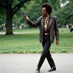 miles davis strolling through a park, holding a humanoid spider by the hand