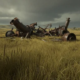 a highly detailed beautiful matte painting of the Outer Worlds screenshot, a tall grass field, broken machinery in the style of Zdzislaw Beksinski