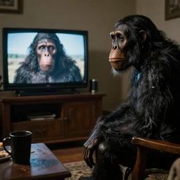 neanderthals watching to television, photorealistic
