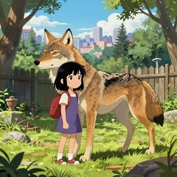 a single coyote warns a single innocent black haired girl of quantum apocalyse. intricate, 8 k detail, animation cinematic, anime, matte sharp painting, pastoral backyard setting, city view in the distance, ultrafine hyperdetailed illustration, pop art