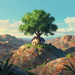 house tree in the rocky hills, Low level, rendered by Beeple, Makoto Shinkai, syd meade, simon stålenhag, synthwave style, digital art, unreal engine, WLOP, trending on artstation, 4K UHD image, octane render,