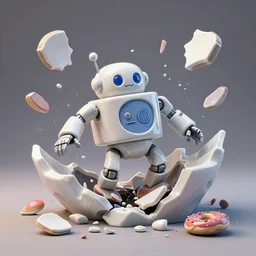 dissection of funny ceramic exploding crash miniature toy resin Figure mechabot falling apart 8K, zbrush, c4d, 3d primives, in a Studio hollow, surrounded by flying parts, explosion drawing, by pixar, beeple, by jeff koons, blender donut tutorial