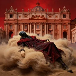 king of dreams, sandman, gareth pugh aw 2 0 1 1, in hoc signo vinces, vatican in background, cloud of sand, dreaming, in the style of beksinski, part by hopper, part by rodcenko, part by hofbauer, intricate composition, red by caravaggio, insanely quality, highly detailed, masterpiece, red light, artstation