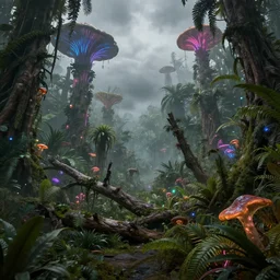 A realistic detailed photo of a neon jungle, alien plants, grey sky, hidden animals, some fallen trees, foggy landscape, light particles, detailed light, realistic shaders, trending on artisation, detailed textures, detailed, realistic, mushroom forest.