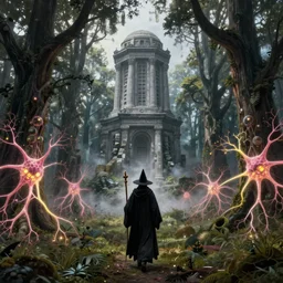 an dark wizard of old walking through an open field with his staff in a beautiful forest of ancient neurons and pink and yellow glowing synapses runnig through the forest towards a monolithic grey ruined neoclassical tower, huge incredibly immense trees, highly detailed, hyperrealism, cgsociety, 8k, ancient forest like fanal forest, misty forest, realistic painting, sharp image, hyper realistic art, cinematic, art by konstantin razumov, chiaroscuro