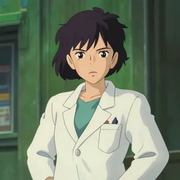 an animation film still portrait of a grumpy confident japanese disney girl wearing lab coat with short hair with bun and fringes, she is a paranormal detective working in a paranormal city, finely detailed features, midshot, green soft light, gapmoe yandere grimdark, trending on pixiv fanbox, painted by greg rutkowski makoto shinkai takashi takeuchi studio ghibli, aki