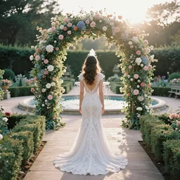 analog photograph of beautiful woman from the back facing away from the camera, wearing a long flowing trumpet style lace wedding dress in a stunning garden on a small stone pathway with a flower archway and a pristine water fountain, golden hour, by mark owen. rule of thirds. pastel colours. light rays. bokeh. cinematic. hq. detailed. contrast. cinestill 8 0 0 t