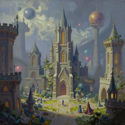 Cityscape from an adventure game  theme of wizards of science (oil paint on canvas, art deco era)