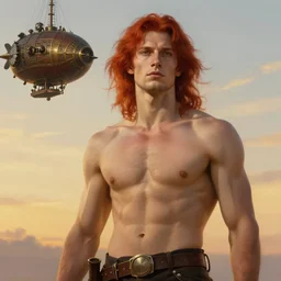 realist portrait painting of a handsome face rugged waist length crimson hair male captain minimalist clothing upper body soft flowing hair elegant muscular steampunk wood brass ornate mechanical zeppelin airship in upper left corner background sky sunset golden hour fantasy rugged character art atmospheric lighting art by mullins rutkowski bussiere